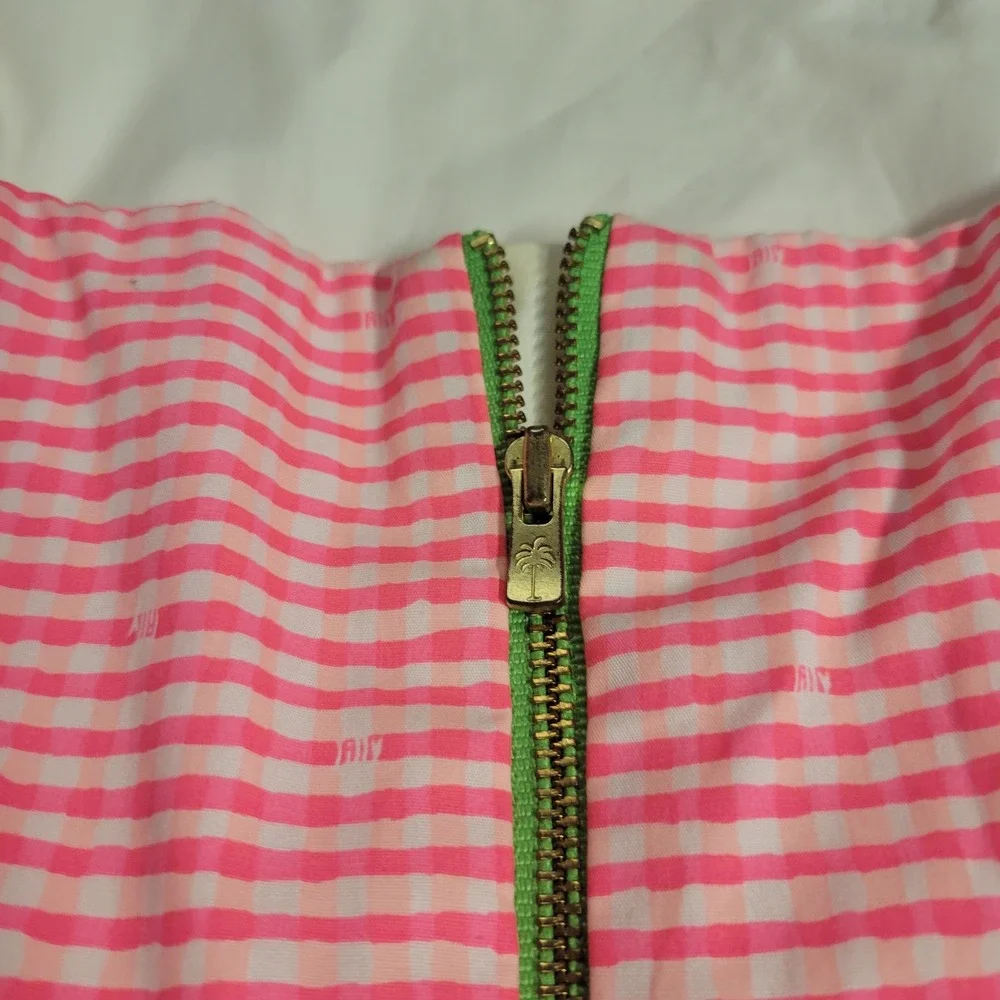 Lilly Pulitzer Lowe Pink Gingham Seersucker Peplum Strapless Dress 4 Zip Derby - Picture 12 of 13